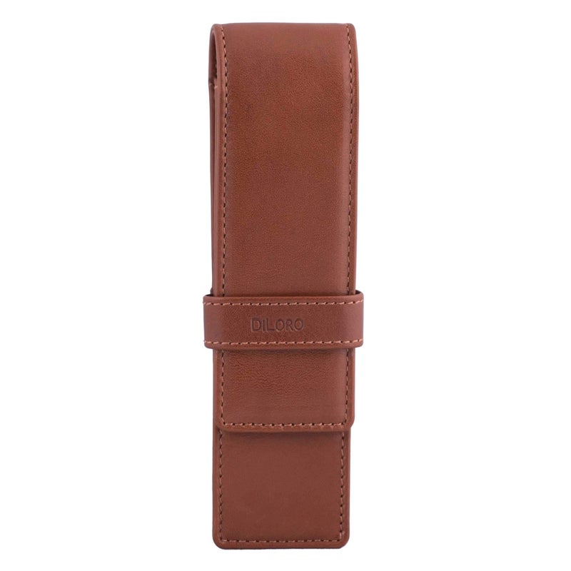 DiLoro Leather Double Pen Case Pencil Pouch Holder for Two Fountain Pens Ballpoint Rollerball and Pencils (Bugatti Tan) - Image 1
